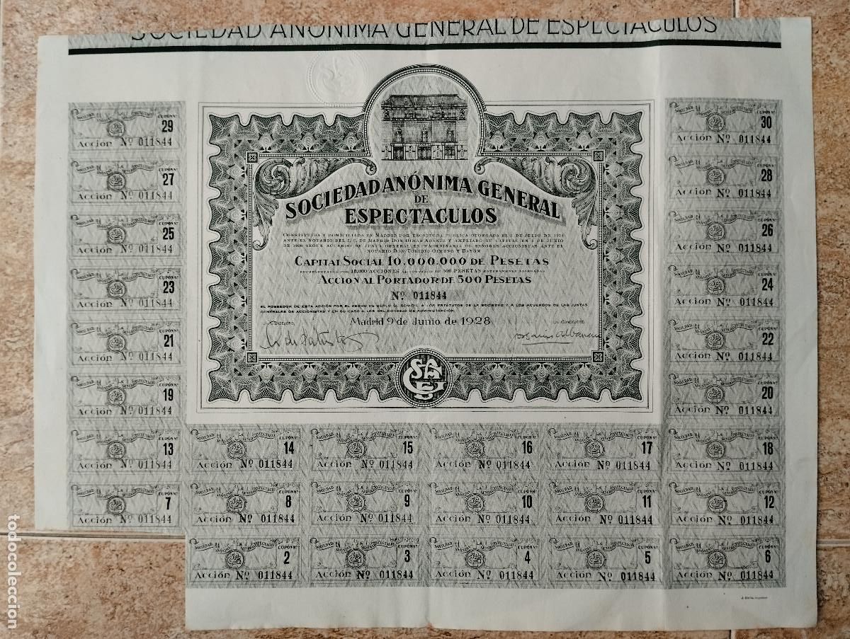 Coleccionismo acciones espa&ntilde;olas: ACCION SOCIEDAD ANONIMA GENERAL DE ESPECTACULOS. MADRID 1928.