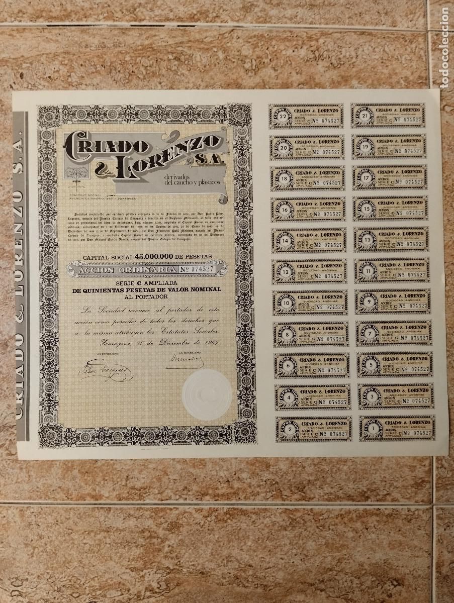 Coleccionismo acciones espa&ntilde;olas: ACCION CRIADO Y LORENZO S.A. DERIVADOS DEL CAUCHO Y PLASTICOS - ZARAGOZA - A&Ntilde;O 1967