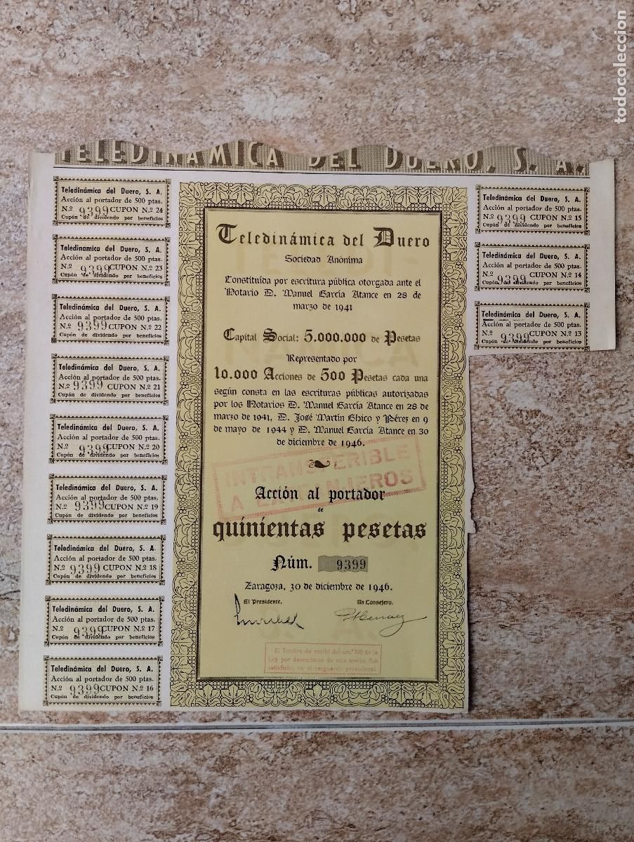 Coleccionismo acciones espa&ntilde;olas: ACCION TELEDINAMICA DEL DUERO - ZARAGOZA -1946