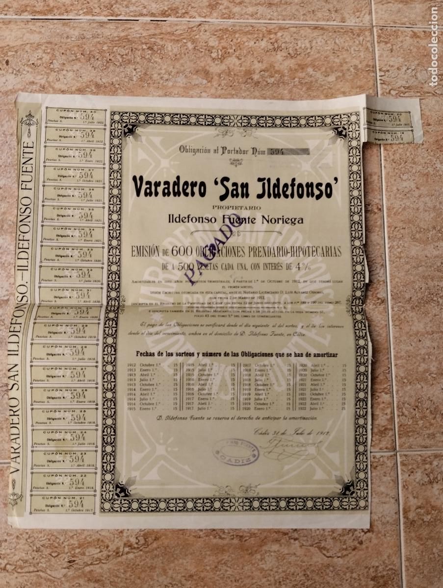 Coleccionismo acciones espa&ntilde;olas: ACCION DE CADIZ DE LA COMPA&Ntilde;IA VARADERO SAN IDELFONSO.1912