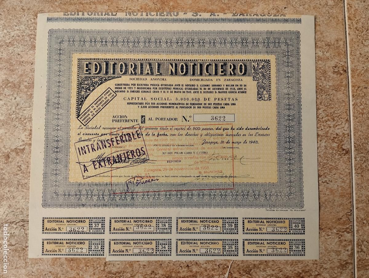 Coleccionismo acciones espa&ntilde;olas: ACCION DE EDITORIAL NOTICIERO DE ZARAGOZA 1948
