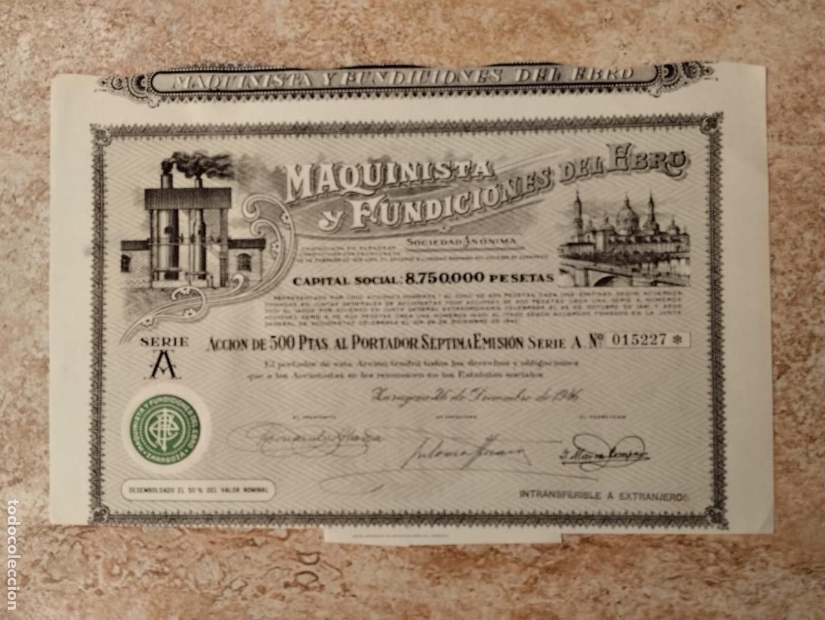 Coleccionismo acciones espa&ntilde;olas: ACCI&Oacute;N MAQUINISTA Y FUNDICIONES DEL EBRO. ZARAGOZA, 1946.