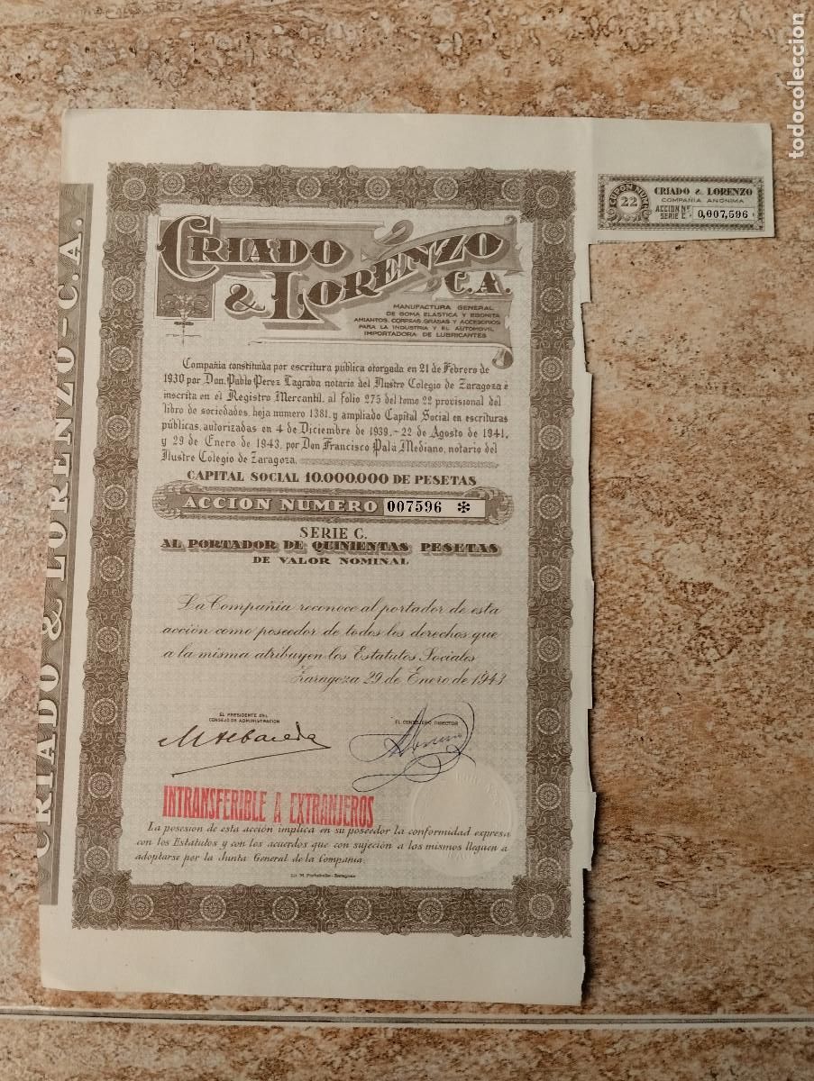 Coleccionismo acciones espa&ntilde;olas: ACCION CRIADO LORENZO S.A. DERIVADOS DE CAUCHO Y PLASTICOS ZARAGOZA 1943