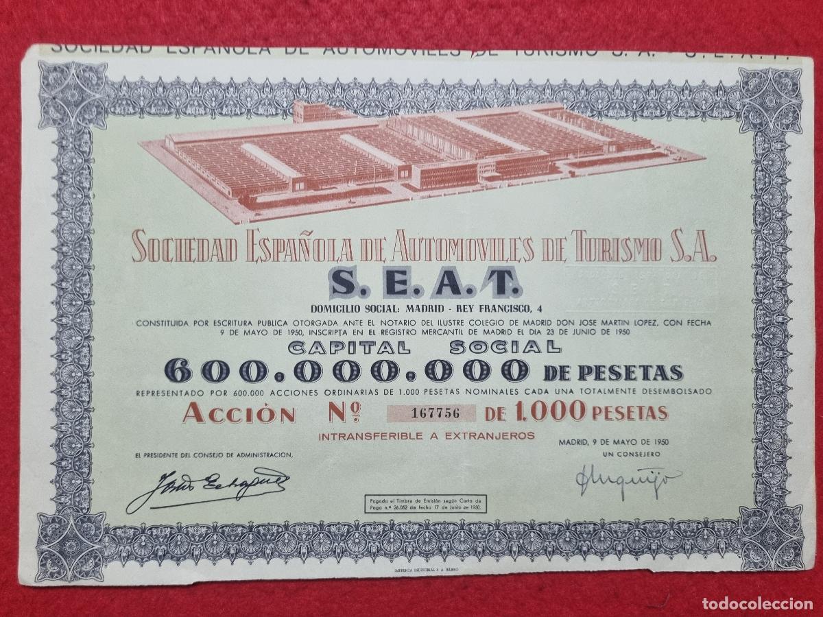 Coleccionismo acciones espa&ntilde;olas: ACCION AUTOMOVILES SEAT VALOR 1000 PESETAS 1950 ORIGINAL J