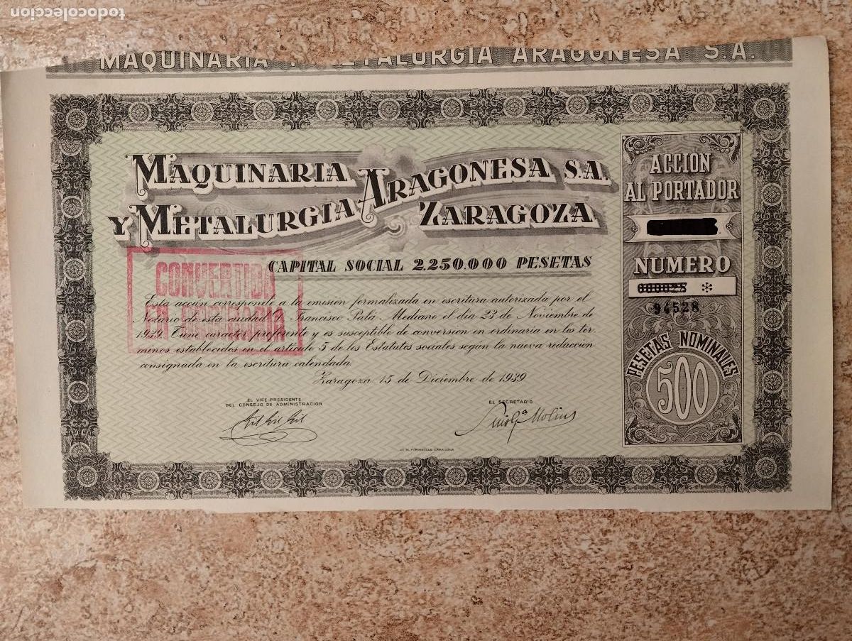 Coleccionismo acciones espa&ntilde;olas: ACCION MAQUINARIA METALURGIA ARAGONESA &ndash; ZARAGOZA, 1939