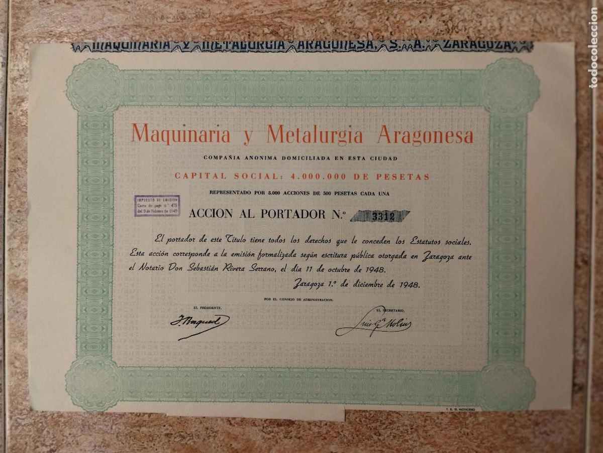 Coleccionismo acciones espa&ntilde;olas: ACCION MAQUINARIA Y METALURGIA ARAGONESA &ndash; ZARAGOZA, 1948