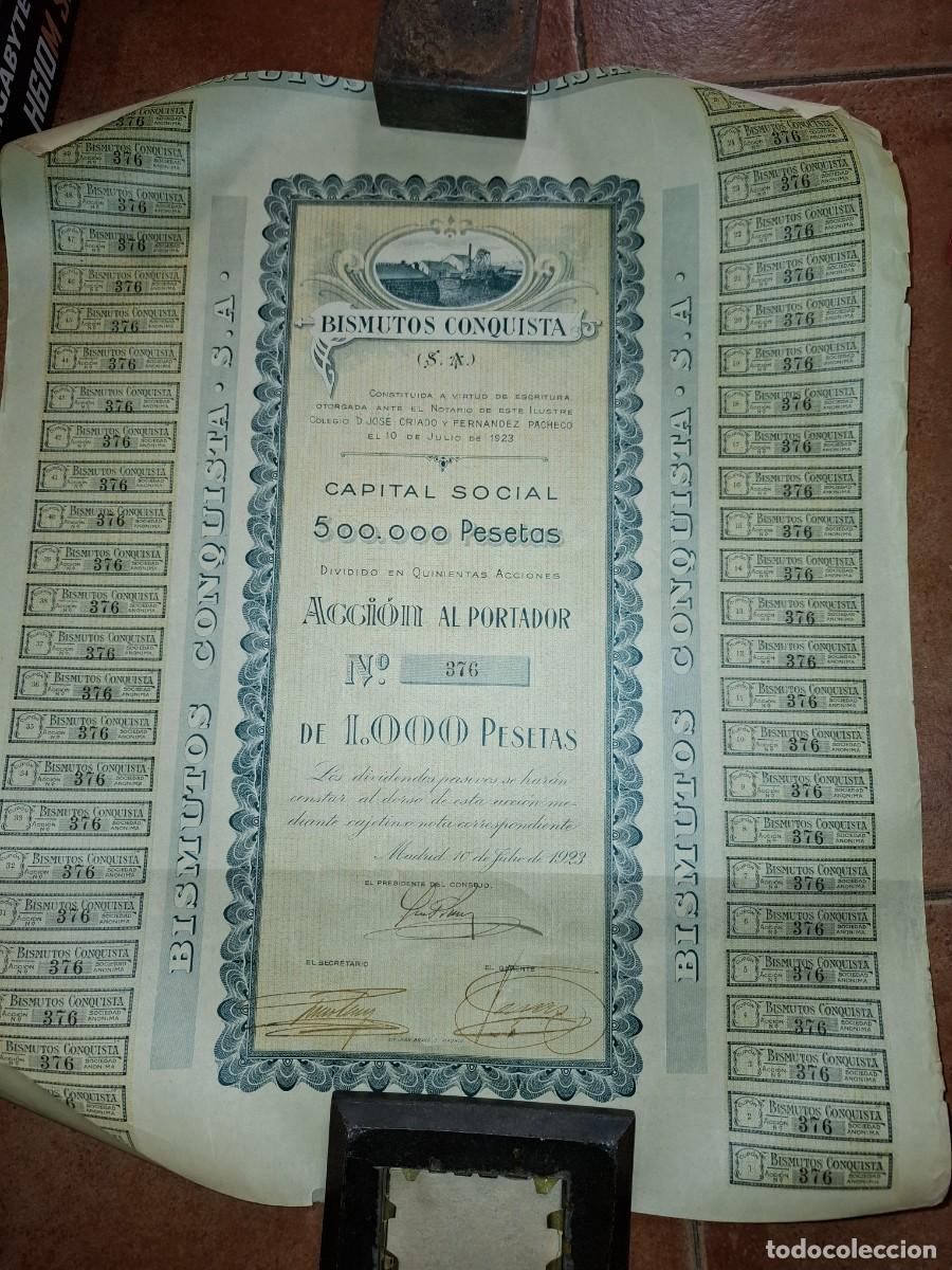 Coleccionismo acciones espa&ntilde;olas: Accion bismutos conquista. 1923