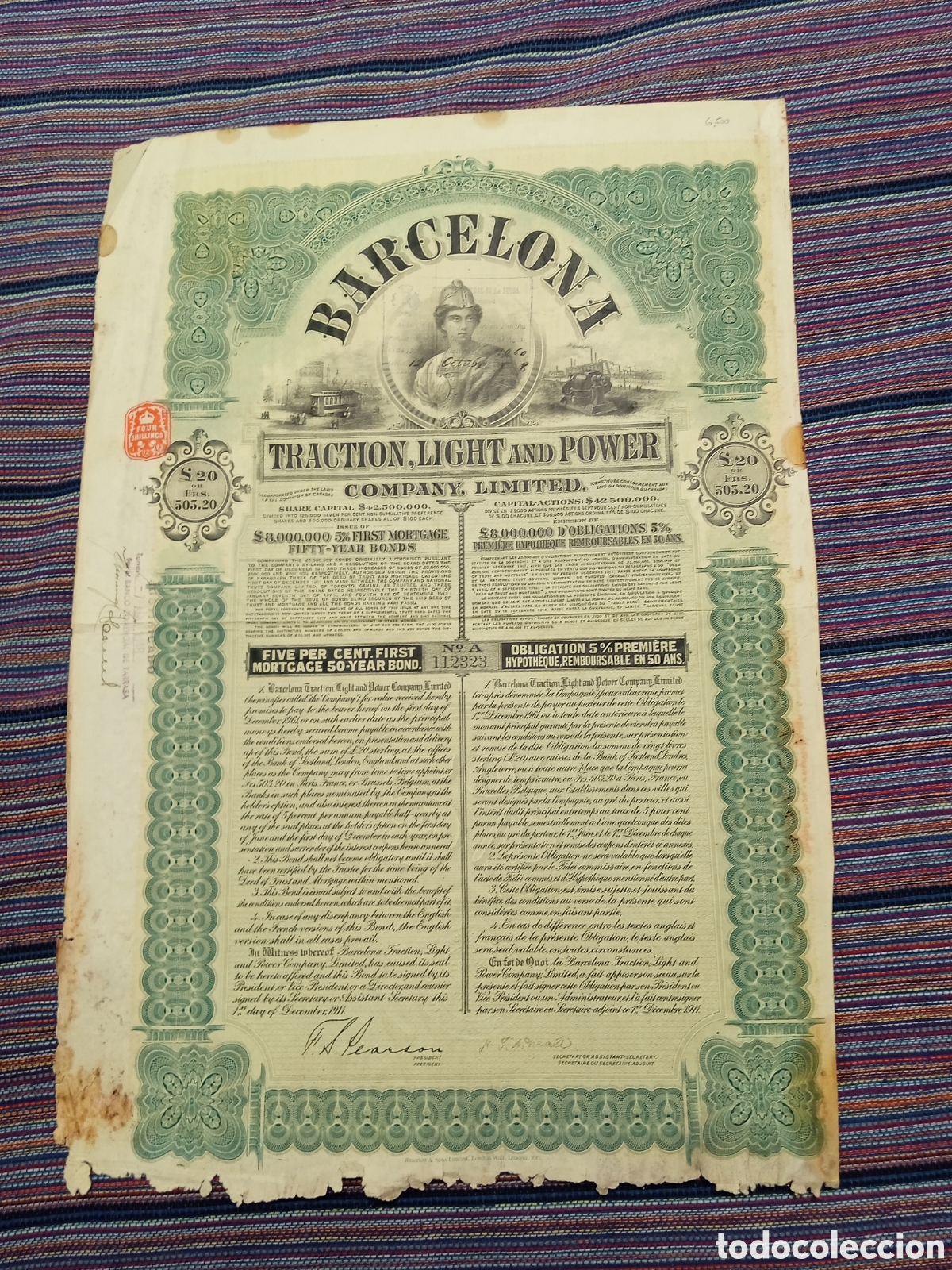 Coleccionismo acciones espa&ntilde;olas: Barcelona Traction Light and Power , Bono de 20 Libras 5% 50 a&ntilde;os 1911 cupones aparte. Deterioros