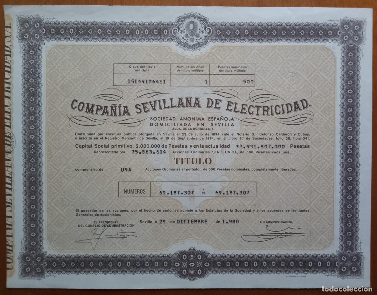 Coleccionismo acciones espa&ntilde;olas: ANDALUC&Iacute;A. Compa&ntilde;&iacute;a sevillana de electricidad. 1980