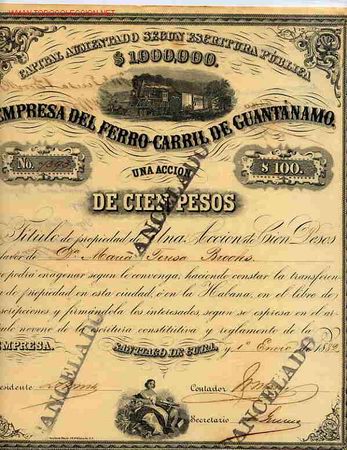 Collectionnisme Actions Internationales: ACCION FERROCARRIL GUANTANAMO 1882 CUBA , ORIGINAL , RB