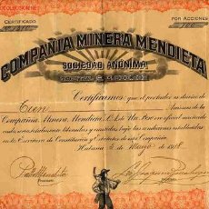 Collectionnisme Actions Internationales: ACCION COMPAÑIA MINERA MINAS MENDIETA 1918 CUBA , ORIGINAL. Lote 47191680