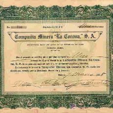 Collectionnisme Actions Internationales: ACCION MINERA LA CORONA 1918 , CUBA. Lote 146060012