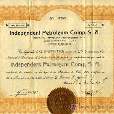 Coleccionismo Acciones Extranjeras: ACCION INDEPENDENT PETROLEUM COMPAY, PETROLEO, CUBA, HABANA 1918 , 500 $ PESOS. Lote 24088934