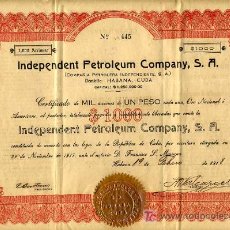 Coleccionismo Acciones Extranjeras: ACCION INDEPENDENT PETROLEUM COMPAY, PETROLEO, CUBA, HABANA 1918 , 1000 $ PESOS. Lote 24175464