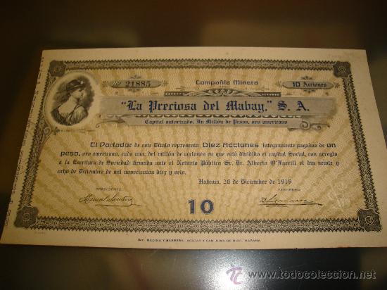 ACCION DE LA COMPAÑIA MINERA DEL LA PRECIOSA DEL MABAY S.A AÑO 1916 (Coleccionismo - Acciones Internacionales)