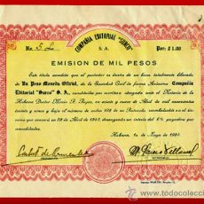 Coleccionismo Acciones Extranjeras: ACCION COMPAÑIA EDITORIAL SURCO , 1000 PESOS , CUBA 1935 ,ORIGINAL, J13. Lote 35172668