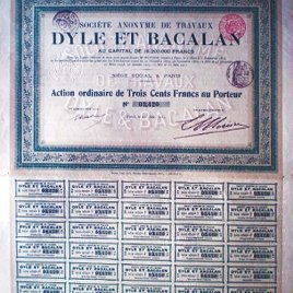1912.- ACTION ORDINAIRE de 300 Fr. de SOCIETE ANONYME DE TRAVAUX “DYLE ET BACALAN”.