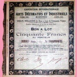 BONO ACCION 1925.- EXPOSICION INTERNACIONAL DE ARTES DECORATIVAS E INDUSTRIALES MODERNAS