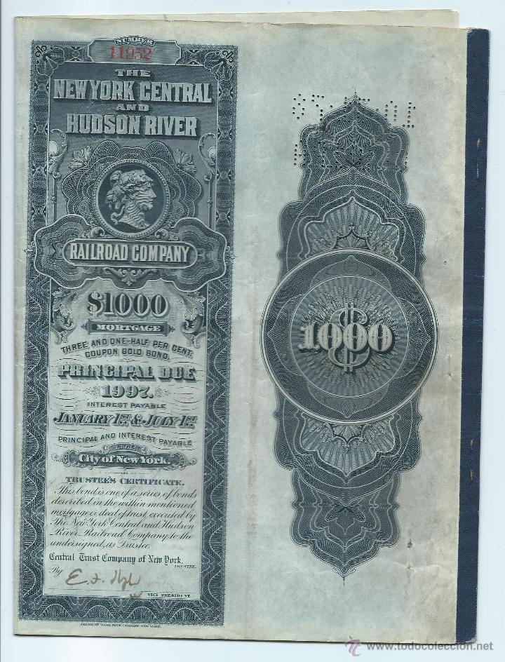 Coleccionismo Acciones Extranjeras: BONO NUMBER 11952. THE NEW YORK CENTRAL AND HUDSON RIVER, RAILROAD COMPANY $1000. MIL DÓLARES. - Foto 1 - 54497507