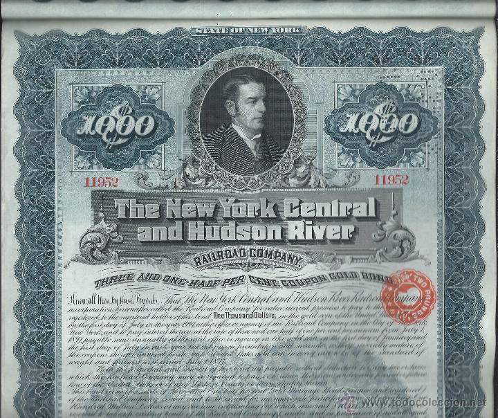Coleccionismo Acciones Extranjeras: BONO NUMBER 11952. THE NEW YORK CENTRAL AND HUDSON RIVER, RAILROAD COMPANY $1000. MIL DÓLARES. - Foto 6 - 54497507