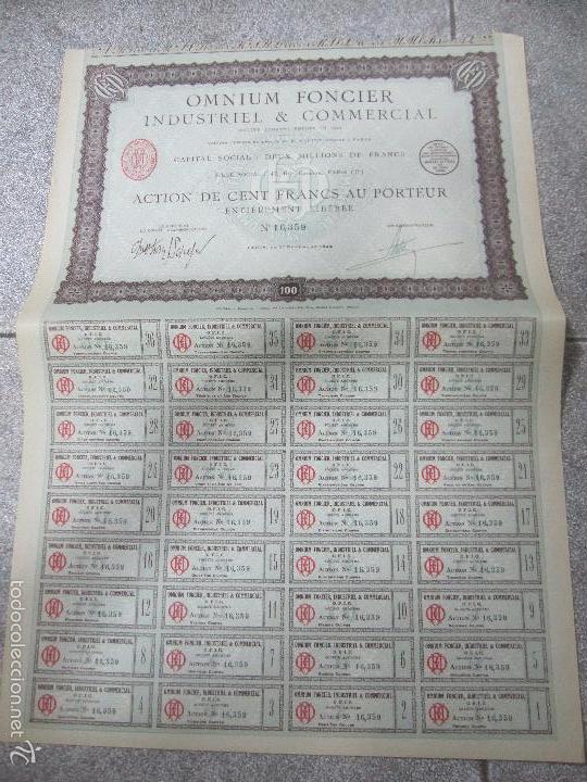 Coleccionismo Acciones Extranjeras: ACCION. OMNIUM FONCIER INDUSTRIEL & COMMERCIAL. PARIS. 1923 - Foto 1 - 57479348