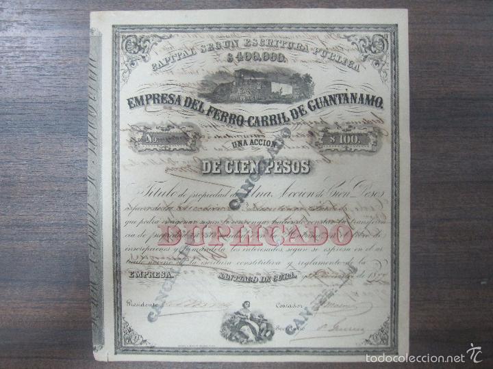 ACCION. EMPRESA DEL FERRO-CARRIL DE GUANTÁNAMO. AÑO 1899. (Coleccionismo - Acciones Internacionales)