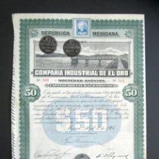 Coleccionismo Acciones Extranjeras: ACCIÓN COMPAÑÍA INDUSTRIAL DEL ORO. MÉXICO, AÑO 1907. CON CUPONES