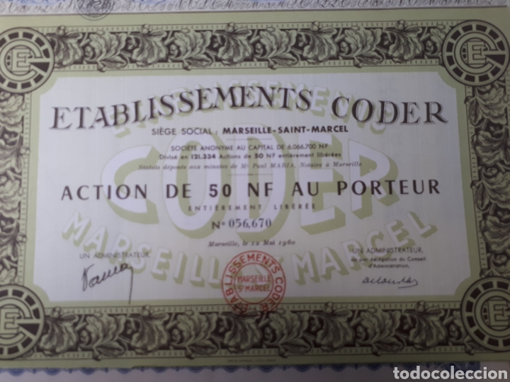 Coleccionismo acciones extranjeras: ACCION ETABLISSEMENTS CODER AO 1960 - Foto 1