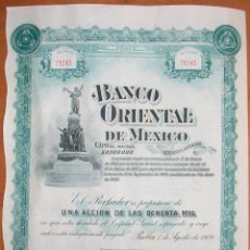 Collectionnisme Actions Internationales: UNA ACCIÓN DE 100 PESOS DEL BANCO ORIENTAL DE MÉXICO. PUEBLA 1 AGOSTO 1909.. Lote 254186825