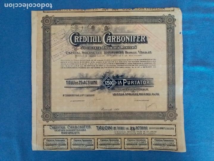 Coleccionismo Acciones Extranjeras: Bono Minas Romania Creditul Carbonifer año 1920 de 500, 2500, 5000, 12500 Lei - Foto 2 - 265806509