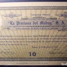 Coleccionismo Acciones Extranjeras: COMPAÑIA MINERA LA PRECIOSA DEL MABAY - TITULO DE 10 ACCIONES - HABANA (CUBA) 1916