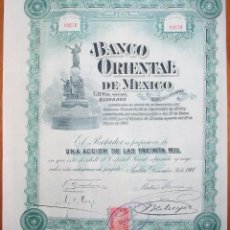 Colecionismo Ações Internacionais: ACCIÓN DE 100 PESOS DEL BANCO ORIENTAL DE MÉXICO. PUEBLA. 1900. Lote 355352225