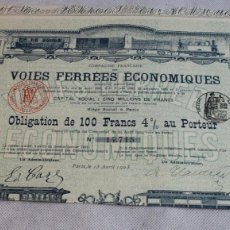 Coleccionismo Acciones Extranjeras: OBLIGACIÓN DE 100 FRANCOS DE VOIES FERRÉES ECONOMIQUES,PARIS,1903.