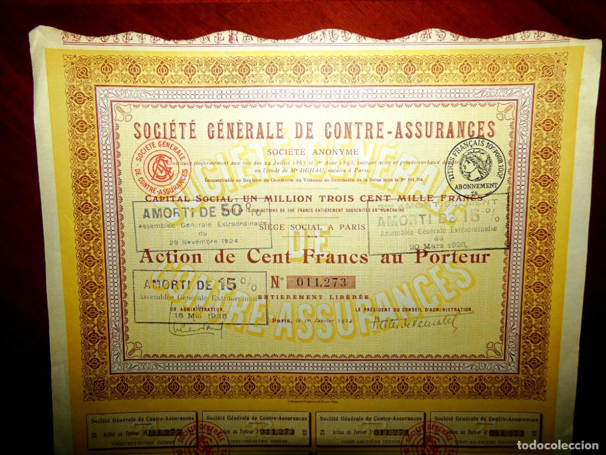 Coleccionismo acciones extranjeras: SOCI&Eacute;T&Eacute; G&Eacute;N&Eacute;RALE DE CONTRE-ASSURANCES, Par&iacute;s (Francia) 1924 seguros y reaseguros, acci&oacute;n - Foto 2