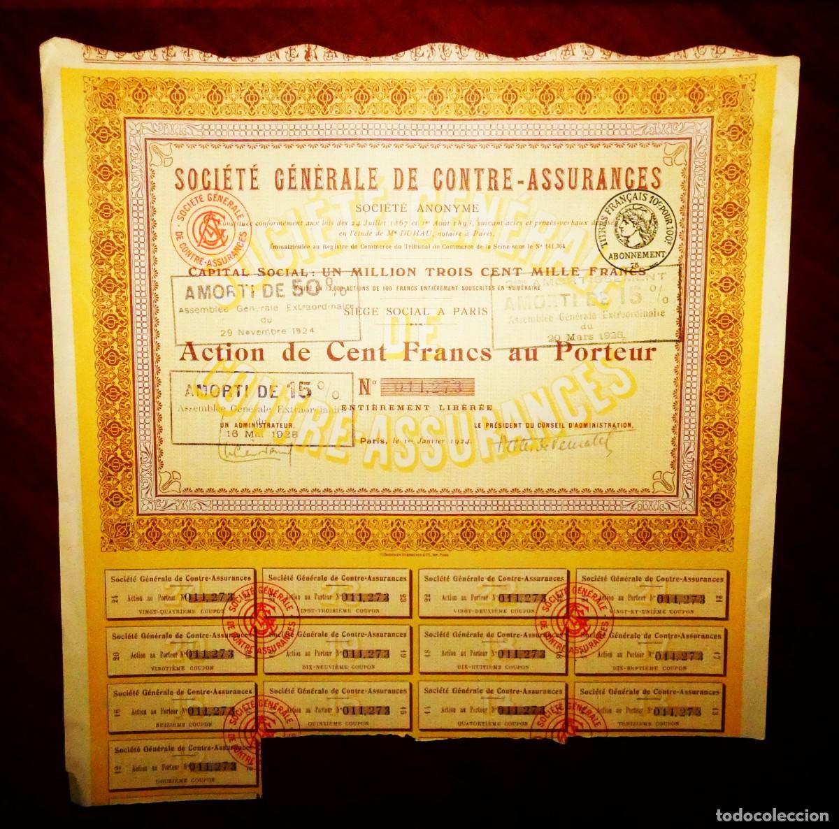 Coleccionismo acciones extranjeras: SOCI&Eacute;T&Eacute; G&Eacute;N&Eacute;RALE DE CONTRE-ASSURANCES, Par&iacute;s (Francia) 1924 seguros y reaseguros, acci&oacute;n - Foto 1