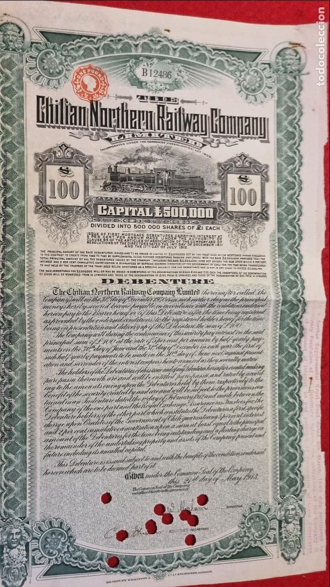 Coleccionismo Acciones Extranjeras: ACCION TREN FERROCARRIL CHILE CHILIAN NORTHERN RAILWAY COMPANI 1913 10 LIBRAS ORIGINAL RA1