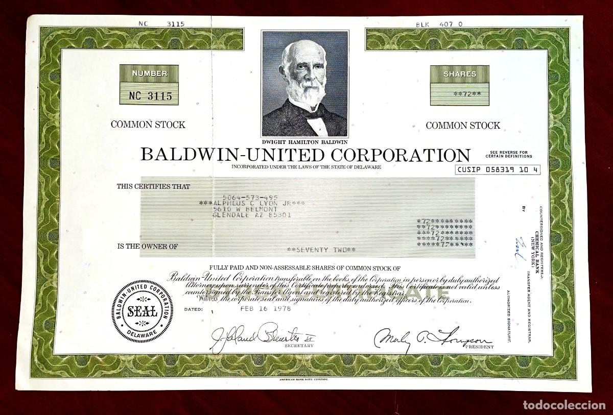 Coleccionismo Acciones Extranjeras: Badwin-United Corporation, Delaware , EEUU 1978-82 acci&oacute;n
