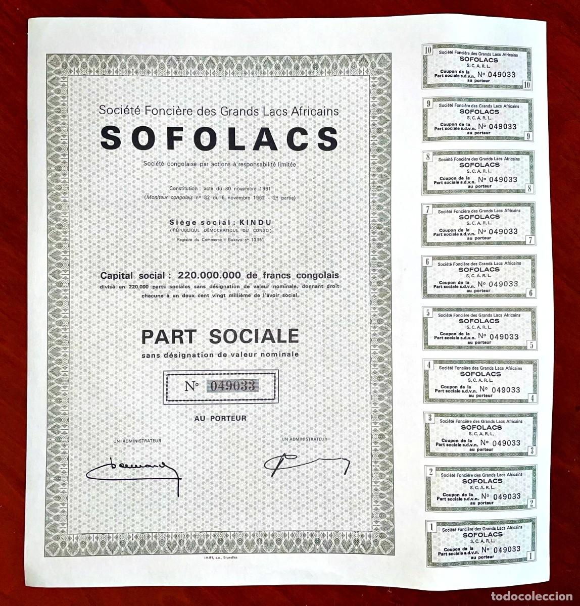 Coleccionismo Acciones Extranjeras: Soci&eacute;t&eacute; Fonci&egrave;re des Grands Lacs Africains (SOFOLACS) 1962 Acci&oacute;n
