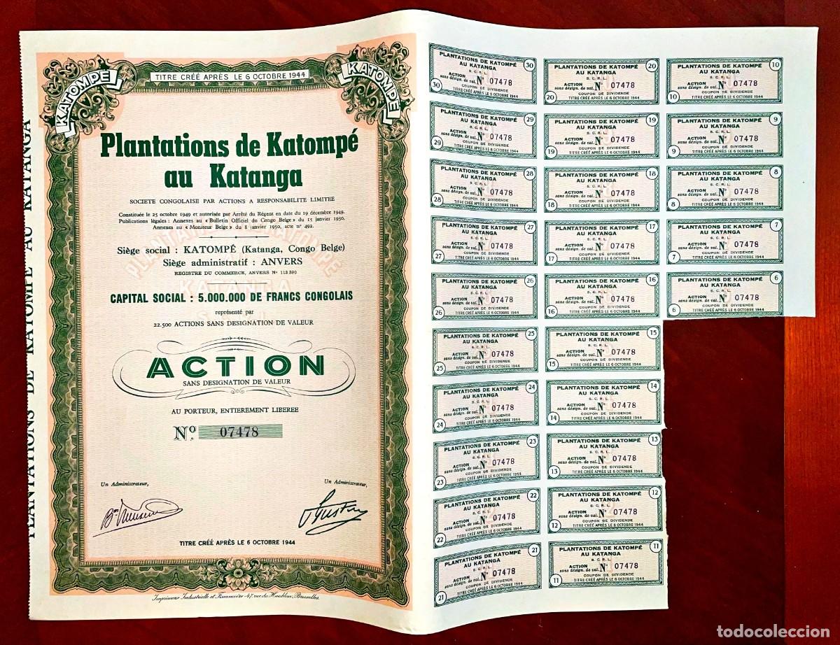 Collezionismo Azioni Internazionali: Plantations de Katomp&eacute; au Katanga, Sociedad Congole&ntilde;a .Katanga/Congo Belga 1950. acci&oacute;n