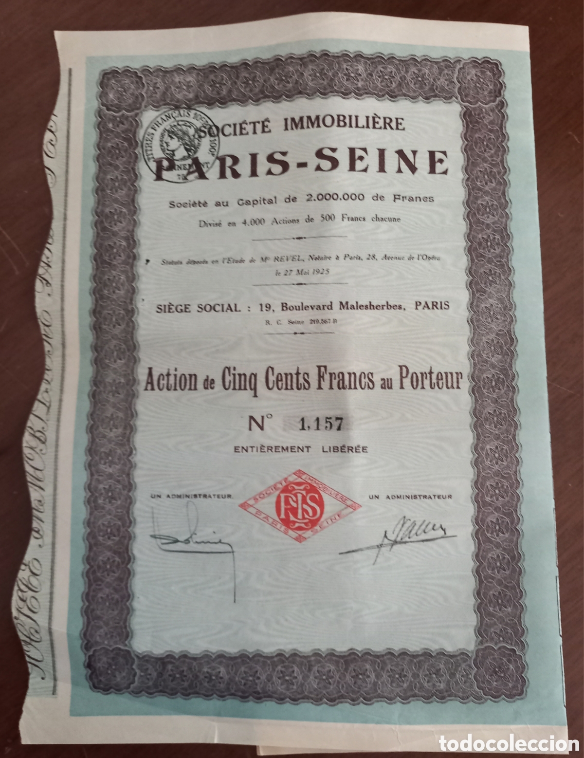 Coleccionismo Acciones Extranjeras: PARIS-SEINE. SOCIEDAD INMOBILIARIA. PAR&Iacute;S 1925