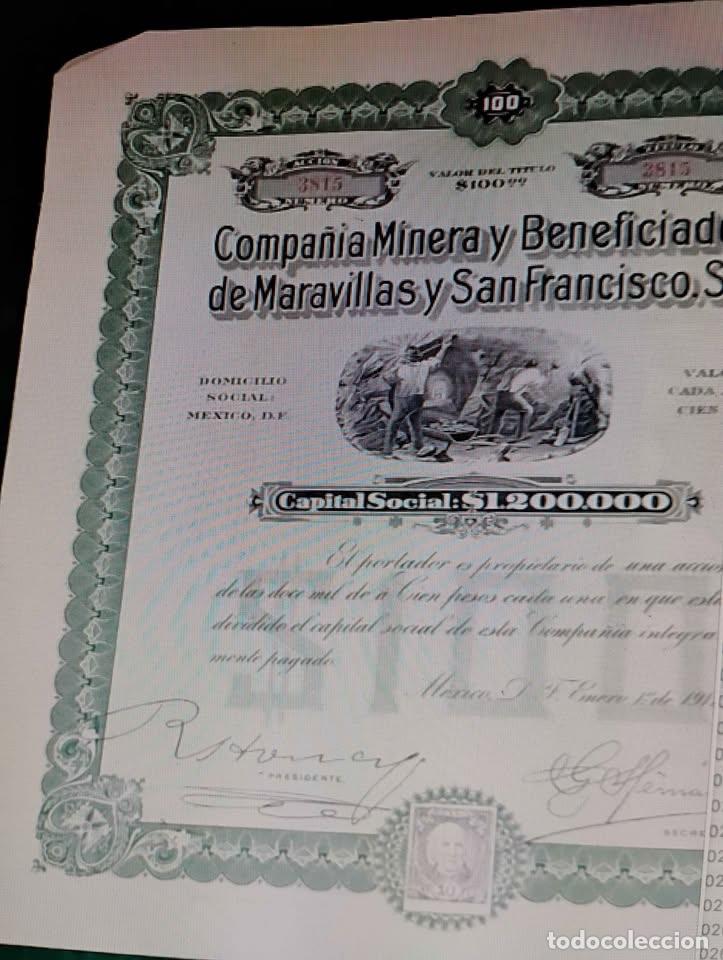Coleccionismo Acciones Extranjeras: Acciones Antiguas Cia Minera y Beneficiadora de Maravillas y San Francisco S.A. Mexico