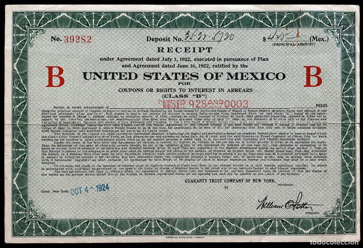 Coleccionismo Acciones Extranjeras: 1924 Certificado de Dep&oacute;sito Estdos Unidos de Mexico