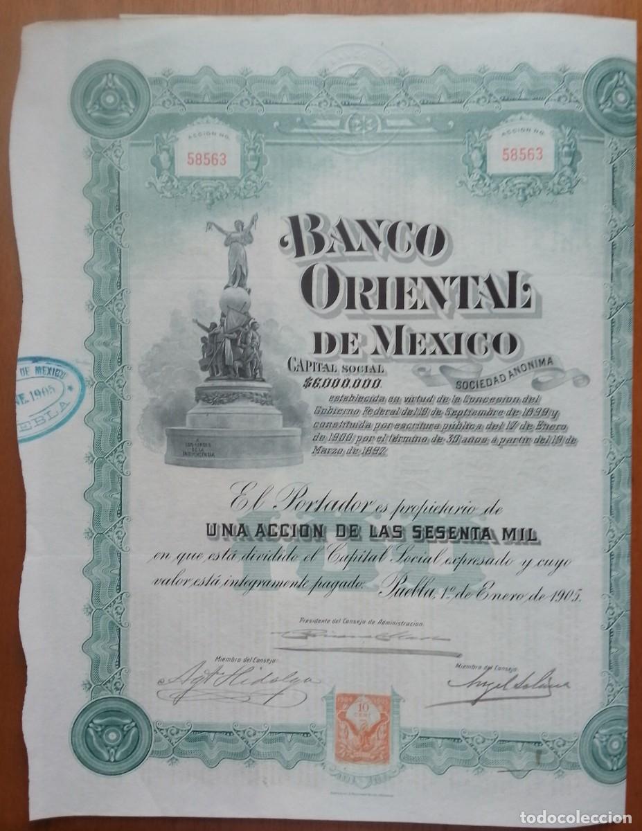 Coleccionismo Acciones Extranjeras: Acci&oacute;n del Banco Oriental de M&eacute;xico. 100 Pesos, Puebla. 1905