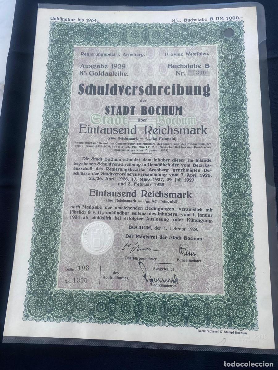 Coleccionismo Acciones Extranjeras: BONO HISTORICO CIUDAD DE BOCHUM-ALEMANIA VALOR 1000 REICHSMARKS