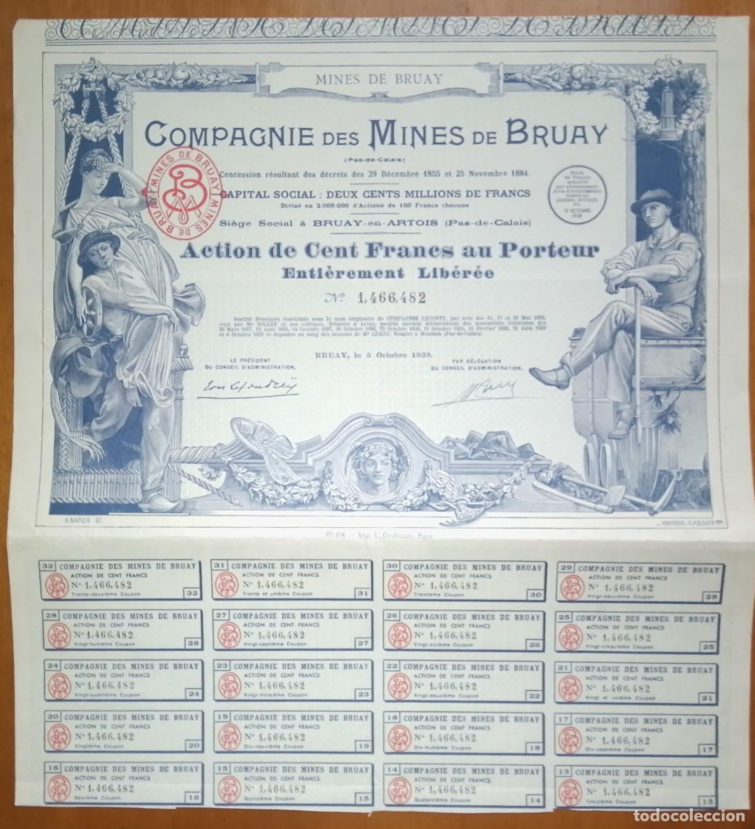 Coleccionismo acciones extranjeras: Acci&oacute;n de la Compa&ntilde;&iacute;a de Minas de Bruay. Pas de Calais. Francia. 1939
