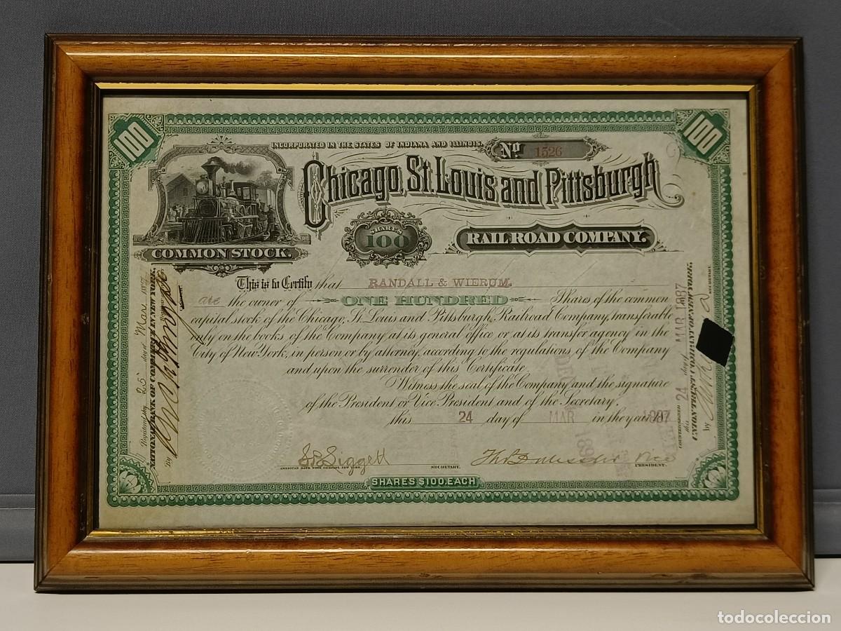 Coleccionismo acciones extranjeras: Antiguo Certificado de Acciones Ferrocarril EE.UU. (1887) - Enmarcado / Escriptofilia