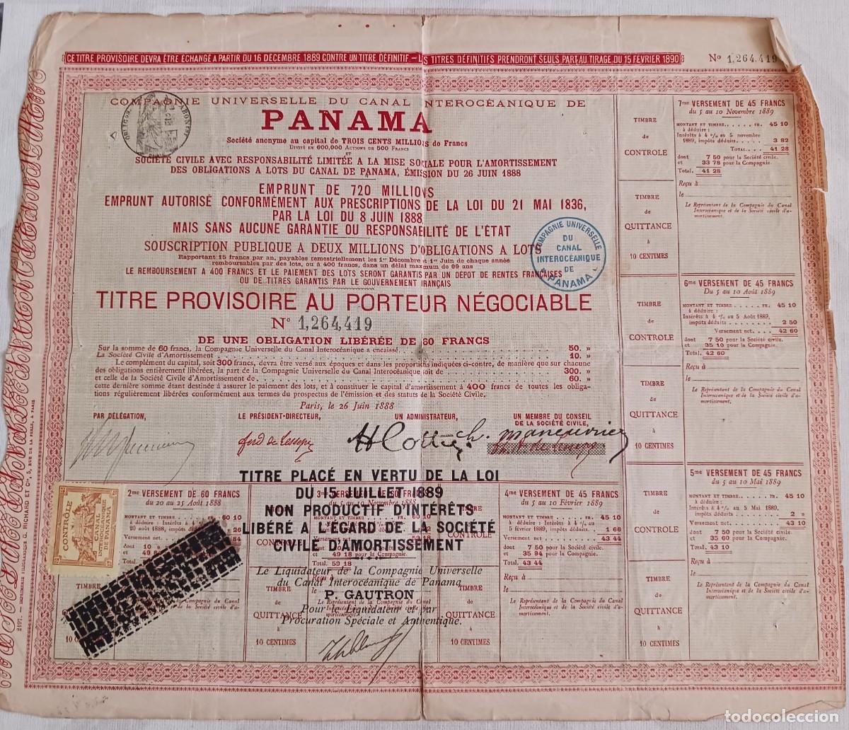 Coleccionismo acciones extranjeras: 1888: ACCI&Oacute;N DE LA COMPAGNIE UNIVERSELLE DU CANAL INTEROC&Eacute;ANIQUE DE PANAMA - CANAL DE PANAM&Aacute;