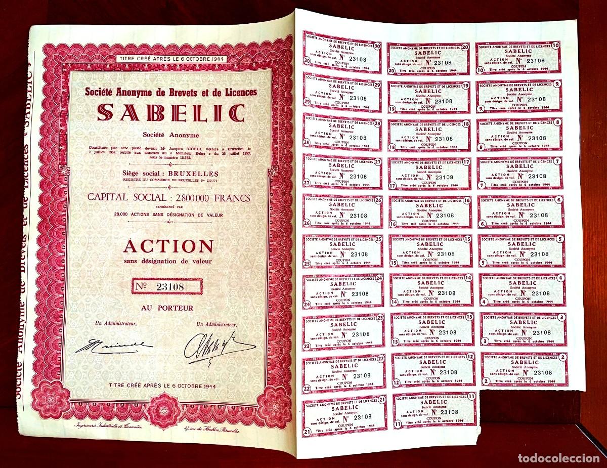 Coleccionismo acciones extranjeras: Soci&eacute;t&eacute; Anonyme de Brevets et de Licences &rdquo;SABELIC&rdquo; Bruselas, B&eacute;lgica 1952 acci&oacute;n