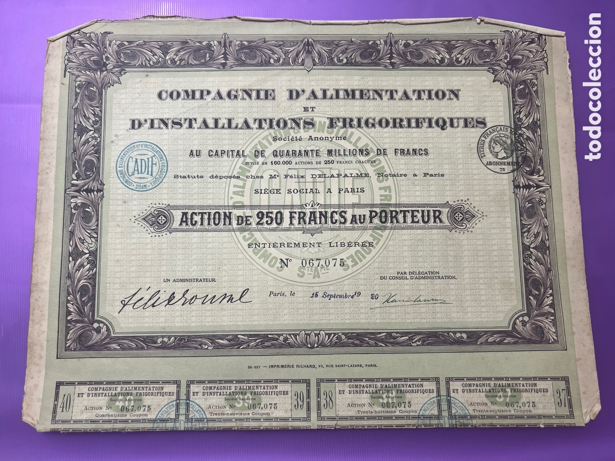 Coleccionismo acciones extranjeras: A21. ACCI&Oacute;N 1920 - COMPAGNIE D&rsquo;ALIMENTATION ET D&rsquo;INSTALLATIONS FRIGORIFIQUES