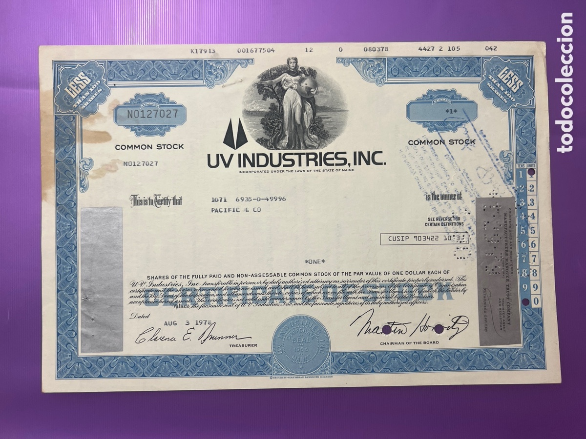 Coleccionismo acciones extranjeras: A21. ACCI&Oacute;N 1978 - UV Industries, inc.